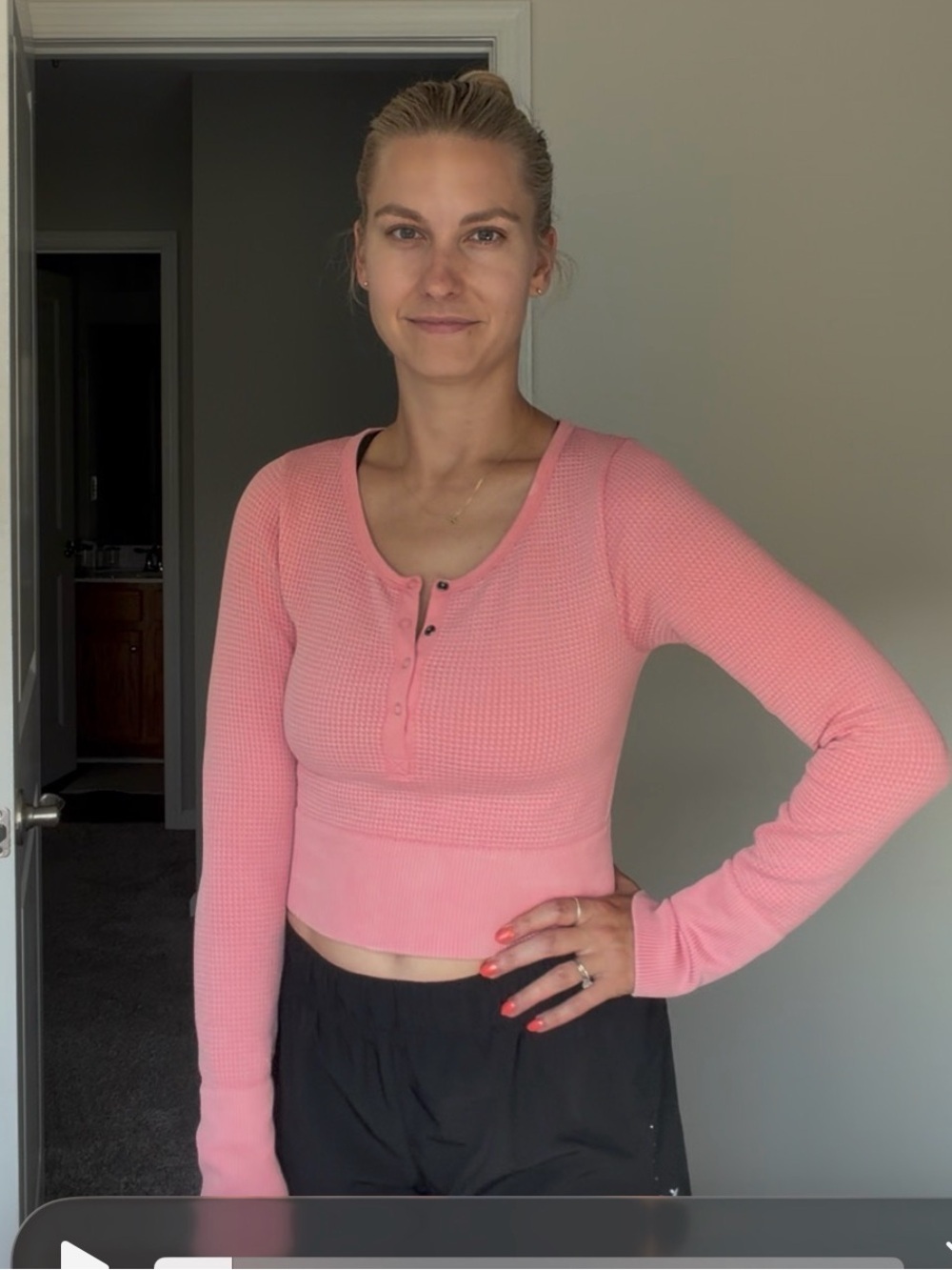 aerie Pink Waffle-Knit Scoop Henley Sweater - Picture 7 of 7